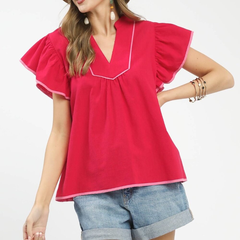 Umgee Contrast‎ Trim Babydoll Blouse